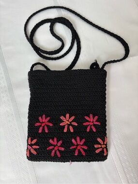 Xhilaration Black Crochet Crossbody Bag with Pink & Orange Floral Embroidery